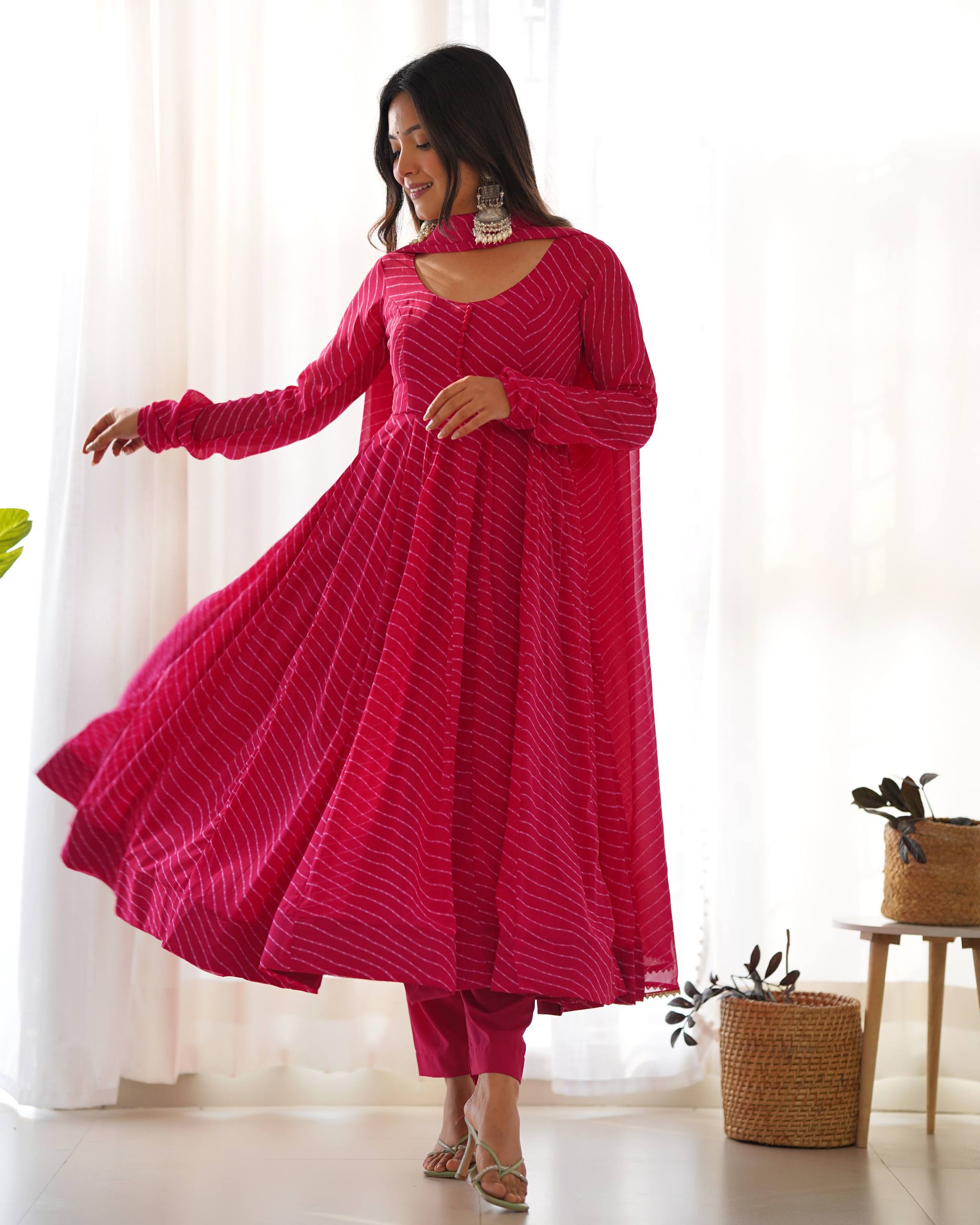 PURE FOX GEORGETTE LAHERIYA PRINT FABRIC FULLY FLAIR ANARKALI,WITH DUPPTA SET,PENT READY TO WEAR