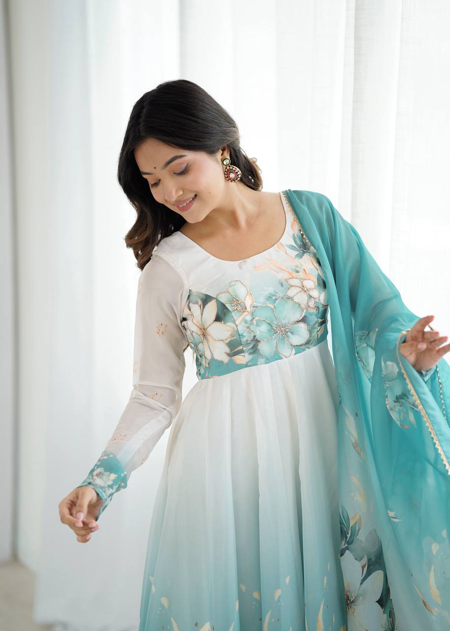 PURE SOFT ORGANJA SILK FABRIC FULLY FLAIR KALI PATTERN AND CANVAS PATTA WITH DUPPTA SET ,PENT READY TO WEAR
