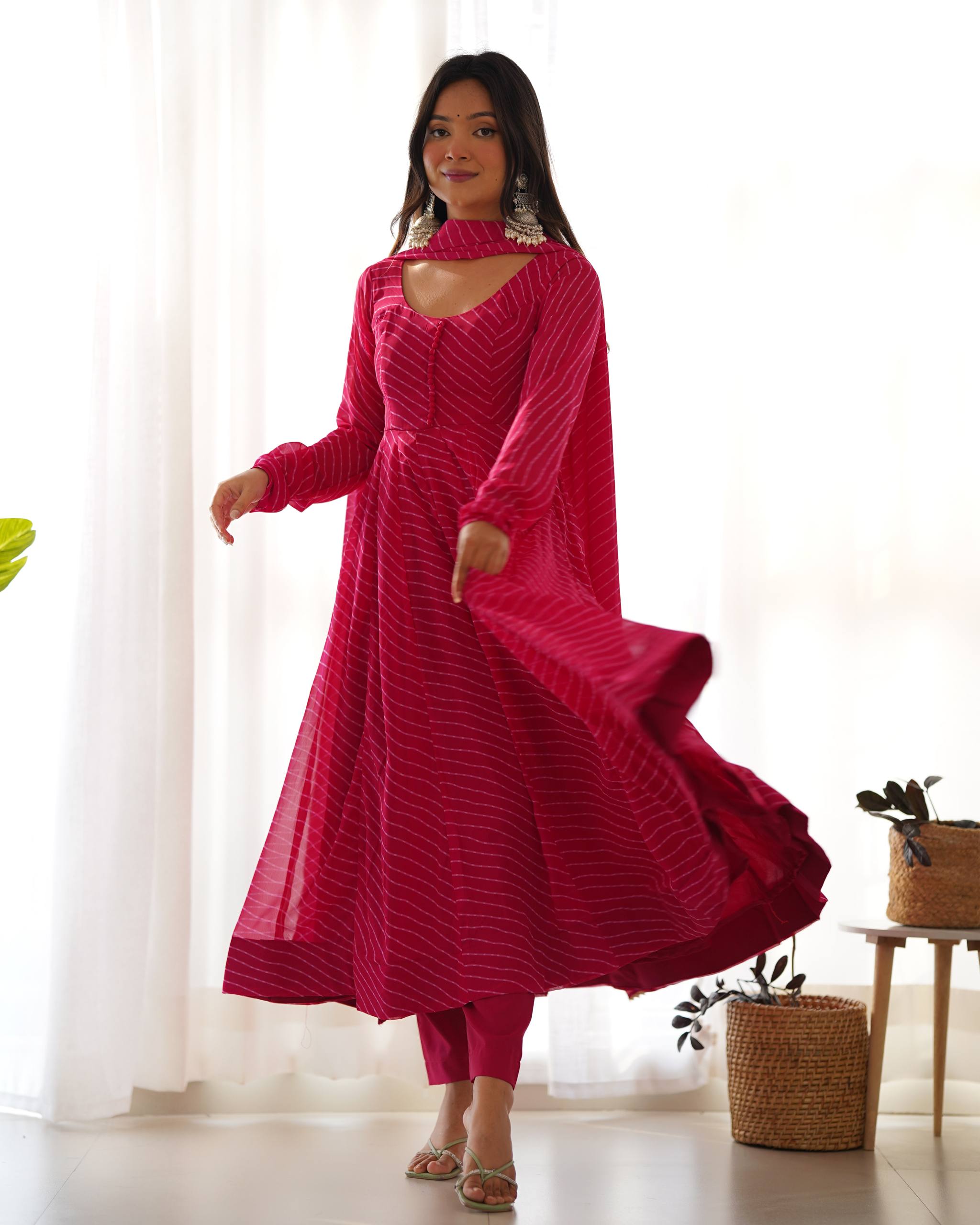PURE FOX GEORGETTE LAHERIYA PRINT FABRIC FULLY FLAIR ANARKALI,WITH DUPPTA SET,PENT READY TO WEAR