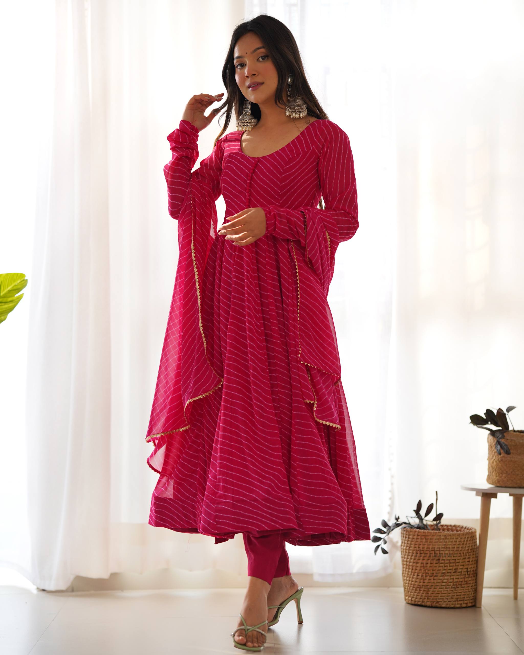 PURE FOX GEORGETTE LAHERIYA PRINT FABRIC FULLY FLAIR ANARKALI,WITH DUPPTA SET,PENT READY TO WEAR