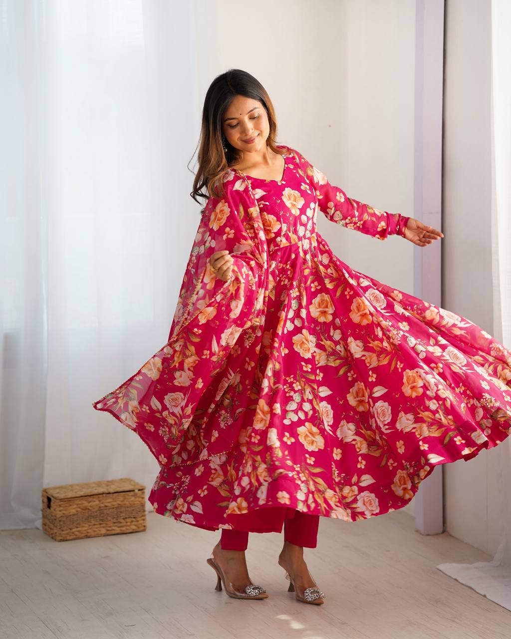 ZIBLON Women's Organza Anarkali Gown Set with Duptta