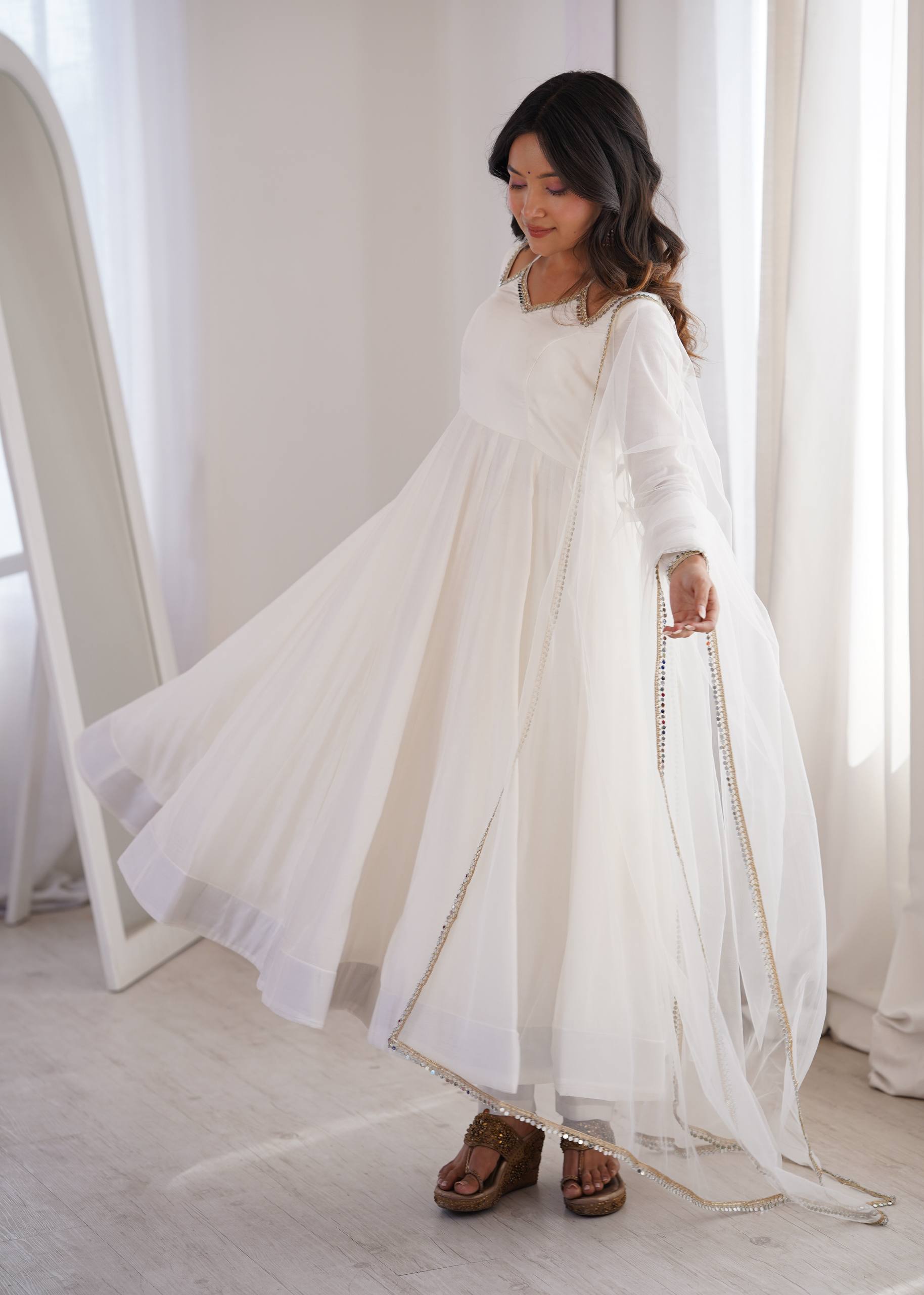 PREMIUM QUALITY HEAVY PURE ROMANSILK CHANDERI FABRIC ANARKALI GOWN