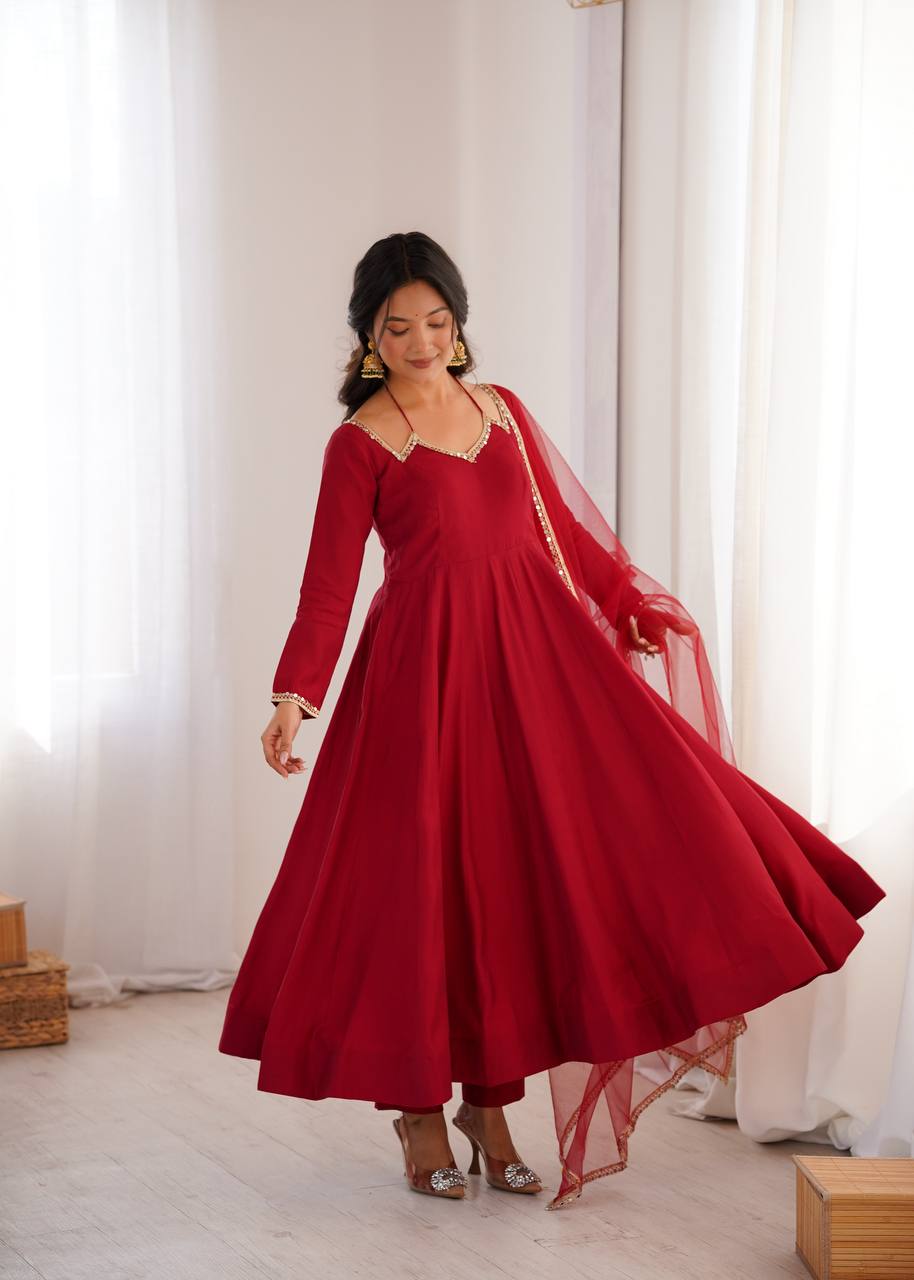 PREMIUM QUALITY HEAVY PURE ROMANSILK CHANDERI FABRIC ANARKALI GOWN