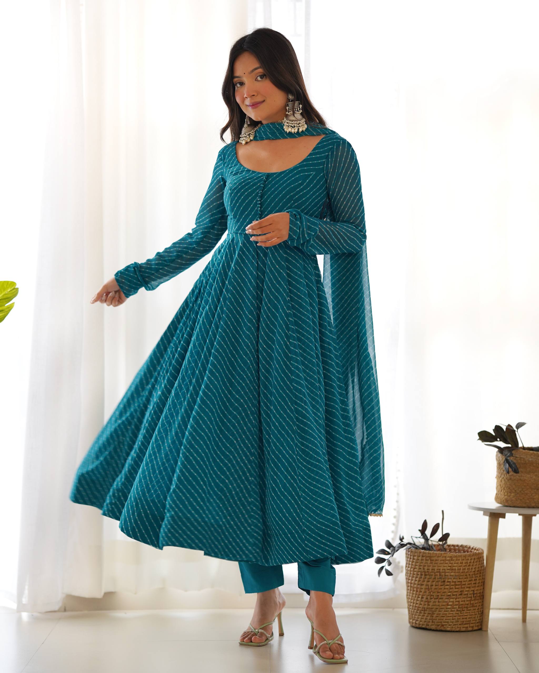 PURE FOX GEORGETTE LAHERIYA PRINT FABRIC FULLY FLAIR ANARKALI,WITH DUPPTA SET,PENT READY TO WEAR