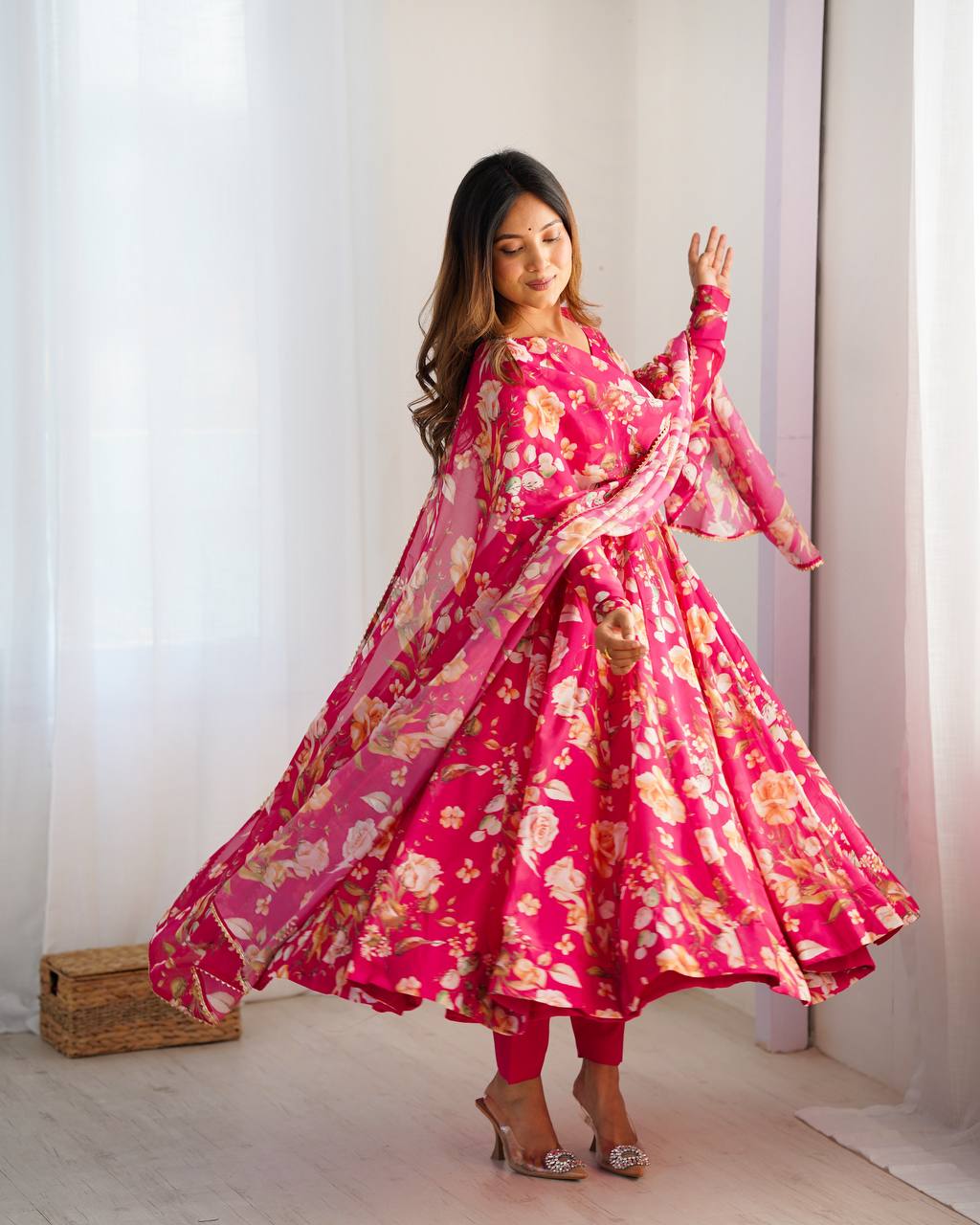 ZIBLON Women's Organza Anarkali Gown Set with Duptta