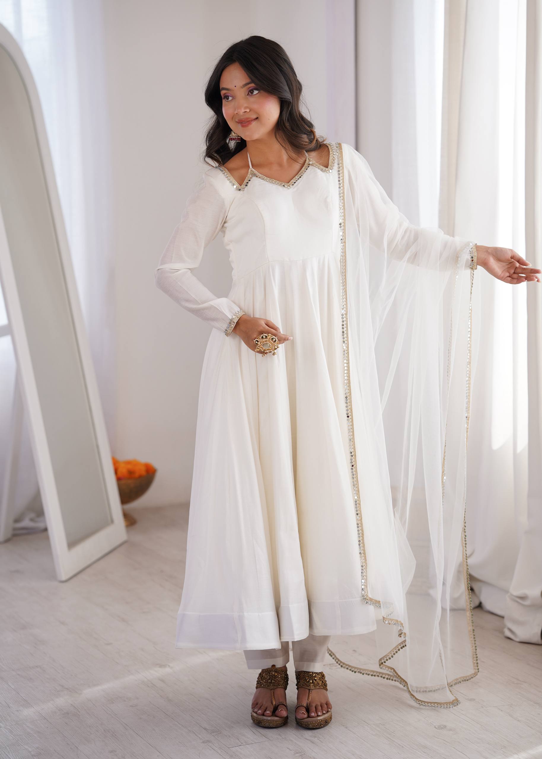 PREMIUM QUALITY HEAVY PURE ROMANSILK CHANDERI FABRIC ANARKALI GOWN