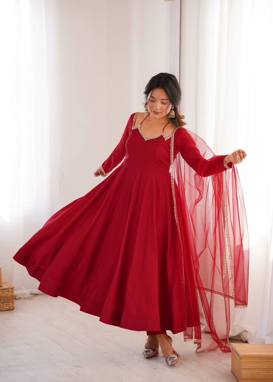 PREMIUM QUALITY HEAVY PURE ROMANSILK CHANDERI FABRIC ANARKALI GOWN