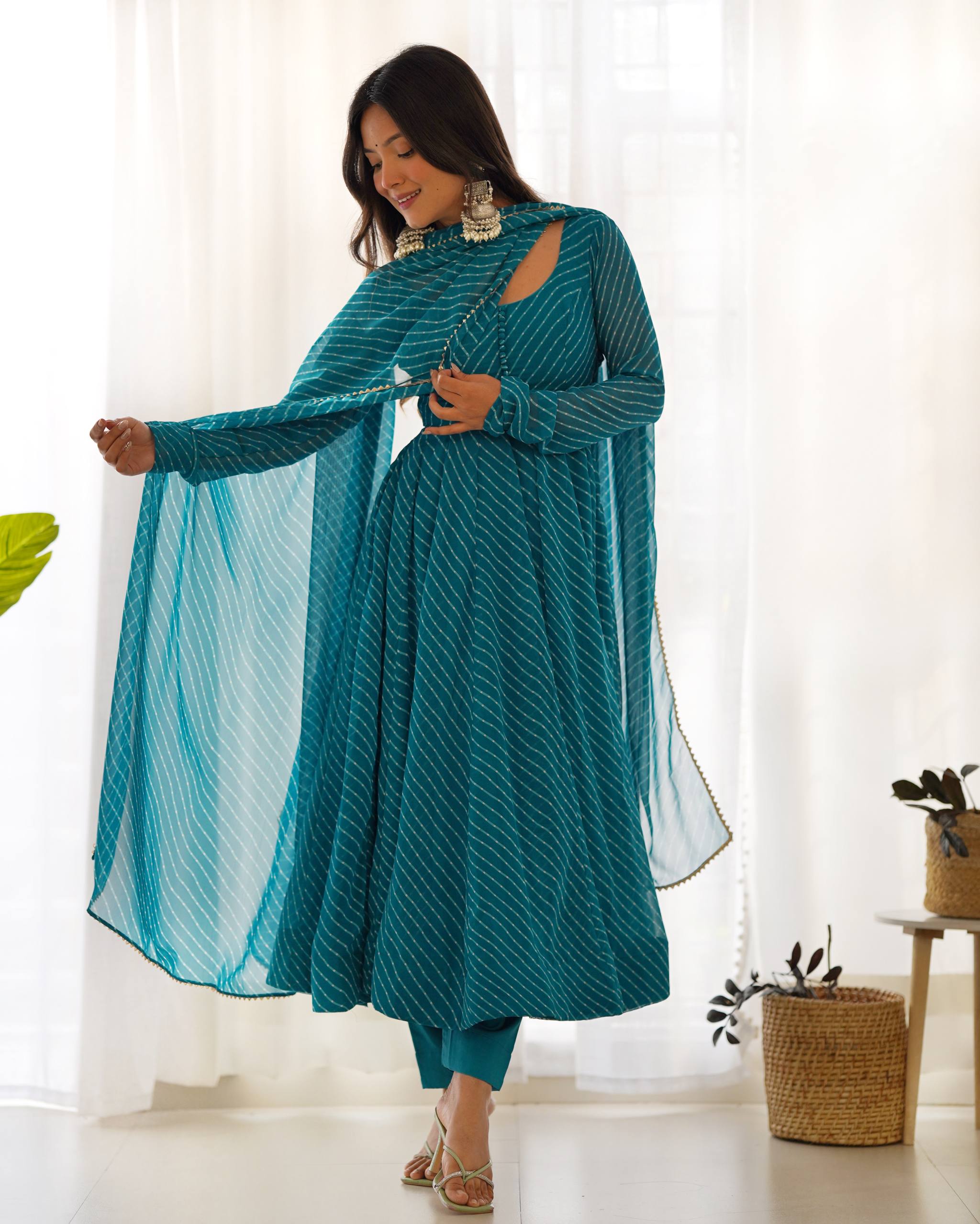 PURE FOX GEORGETTE LAHERIYA PRINT FABRIC FULLY FLAIR ANARKALI,WITH DUPPTA SET,PENT READY TO WEAR