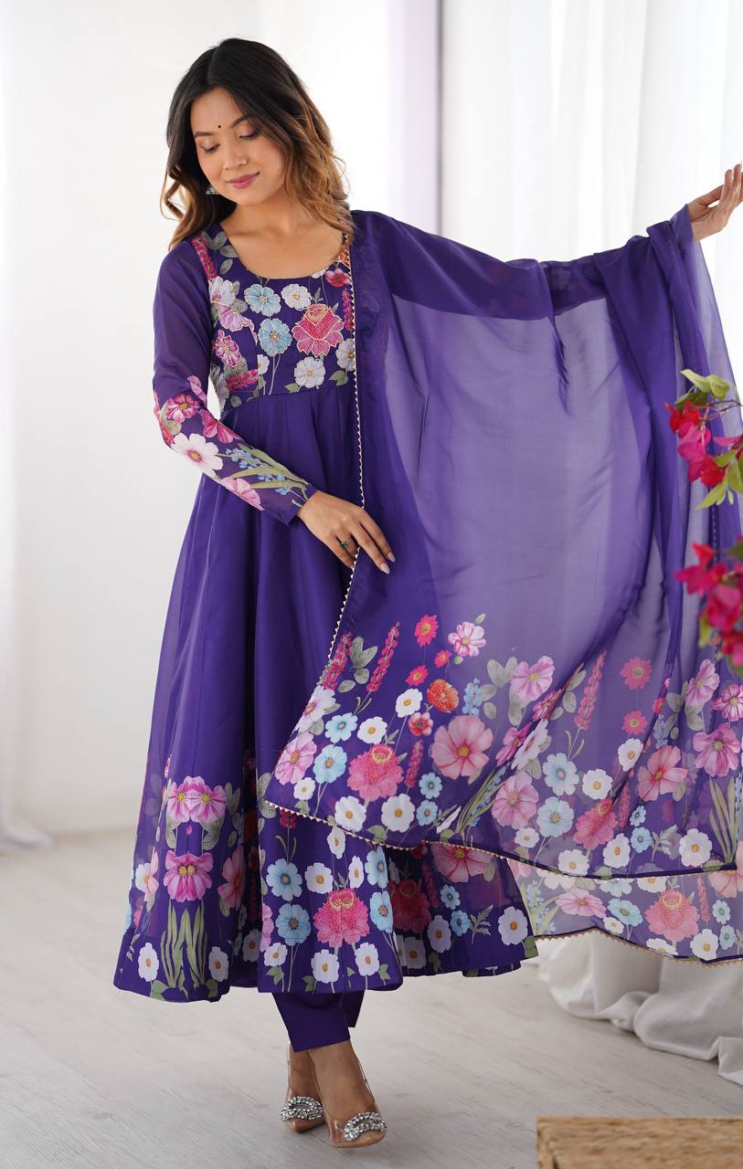 PURE SOFT ORGANJA SILK FABRIC FULLY FLAIR KALI PATTERN AND CANVAS PATTA WITH DUPPTA SET ,PENT READY TO WEAR