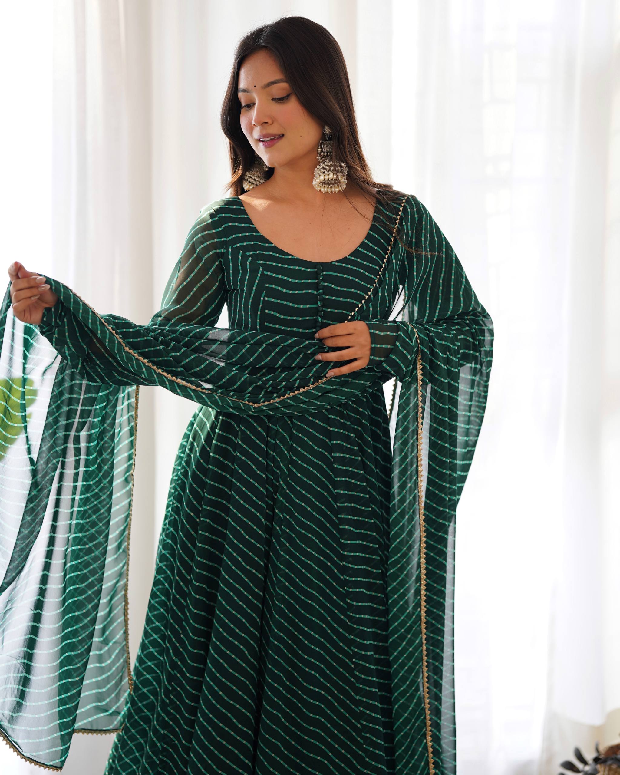 PURE FOX GEORGETTE LAHERIYA PRINT FABRIC FULLY FLAIR ANARKALI,WITH DUPPTA SET,PENT READY TO WEAR