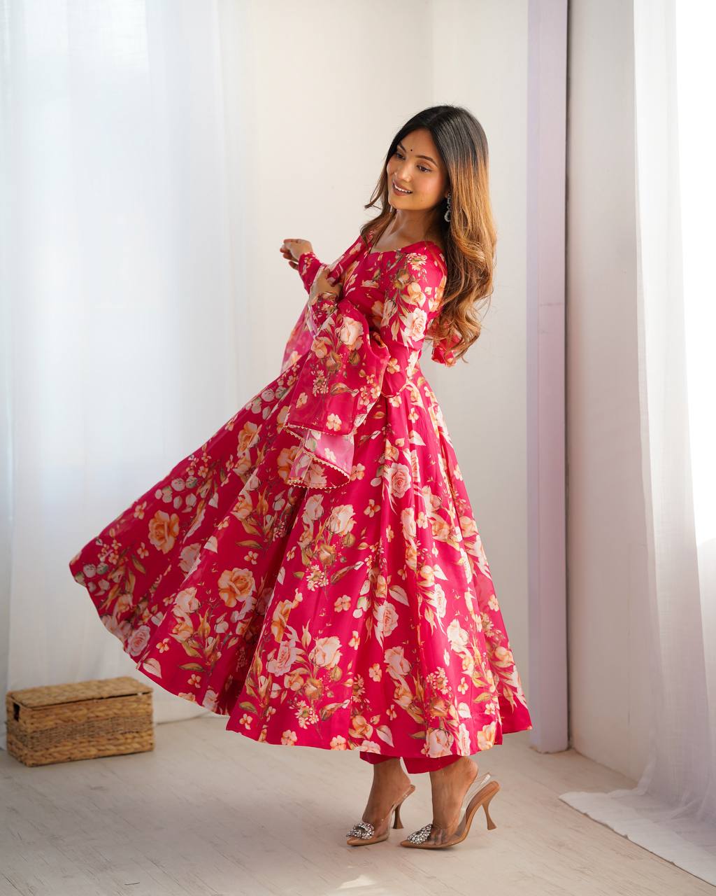 ZIBLON Women's Organza Anarkali Gown Set with Duptta
