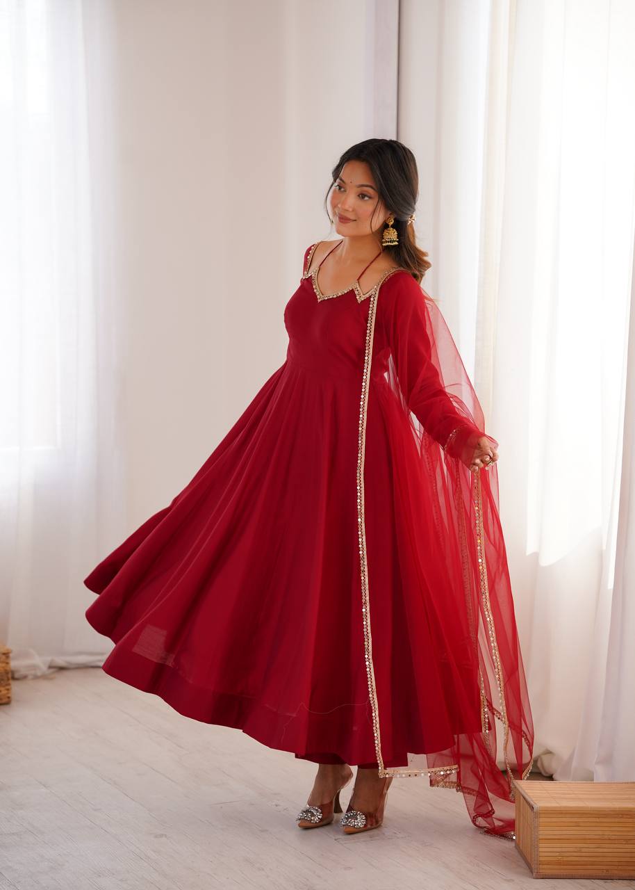 PREMIUM QUALITY HEAVY PURE ROMANSILK CHANDERI FABRIC ANARKALI GOWN