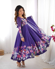 PURE SOFT ORGANJA SILK FABRIC FULLY FLAIR KALI PATTERN AND CANVAS PATTA WITH DUPPTA SET ,PENT READY TO WEAR