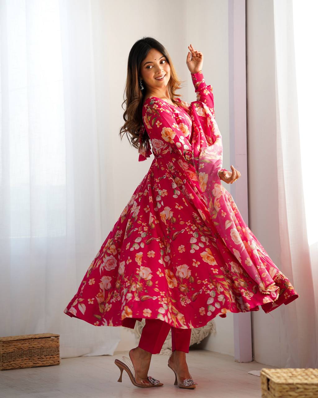 ZIBLON Women's Organza Anarkali Gown Set with Duptta