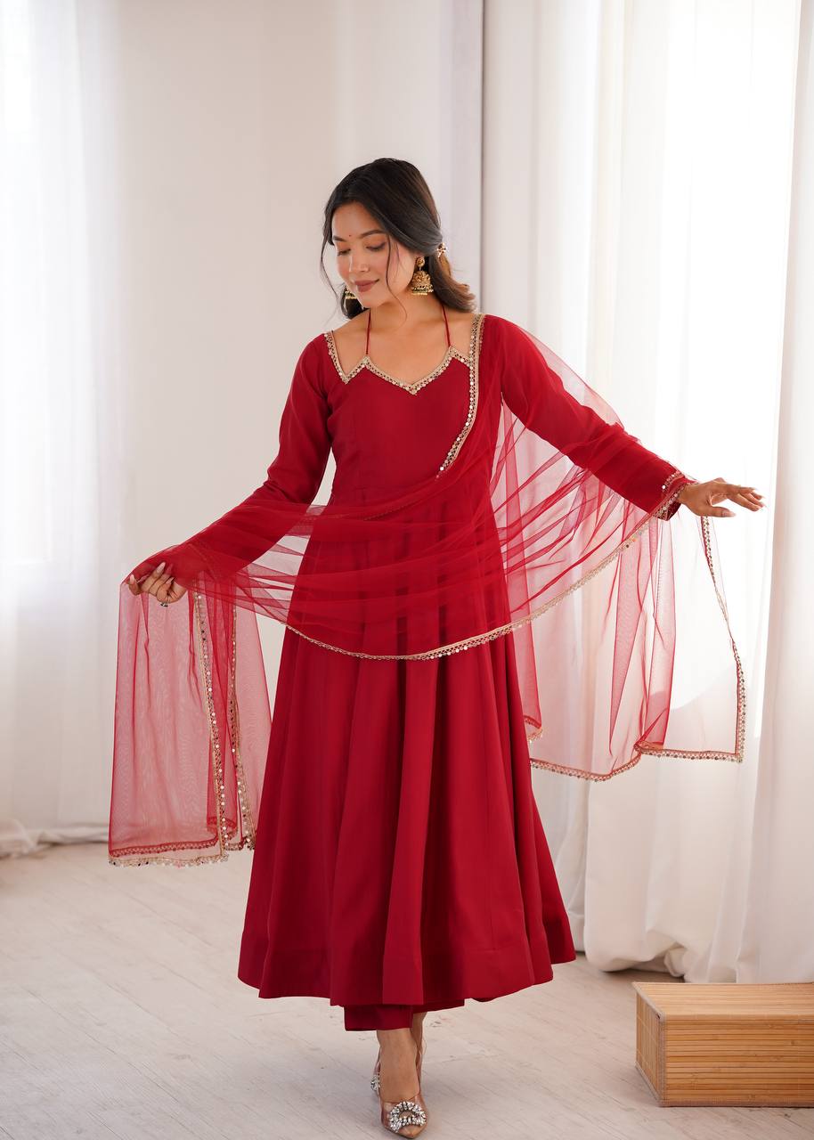 PREMIUM QUALITY HEAVY PURE ROMANSILK CHANDERI FABRIC ANARKALI GOWN