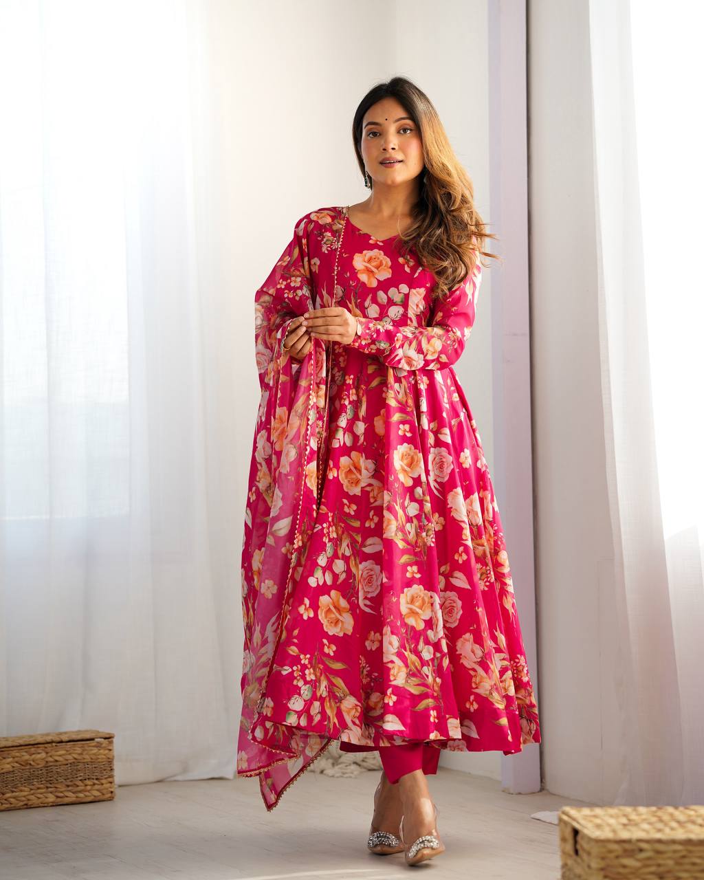 ZIBLON Women's Organza Anarkali Gown Set with Duptta