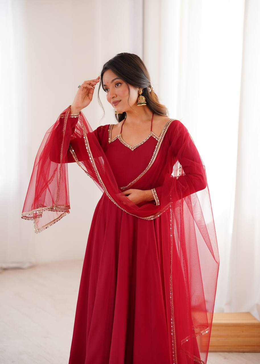 PREMIUM QUALITY HEAVY PURE ROMANSILK CHANDERI FABRIC ANARKALI GOWN
