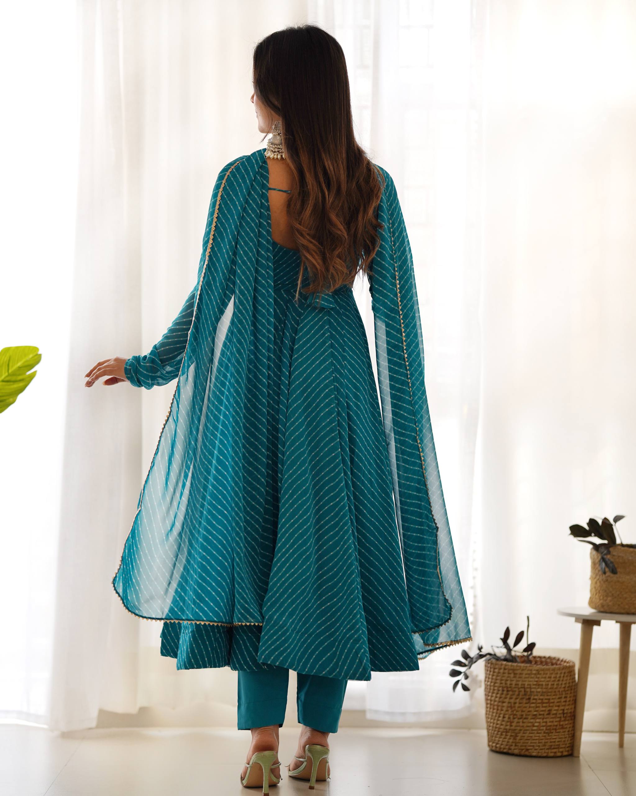 PURE FOX GEORGETTE LAHERIYA PRINT FABRIC FULLY FLAIR ANARKALI,WITH DUPPTA SET,PENT READY TO WEAR