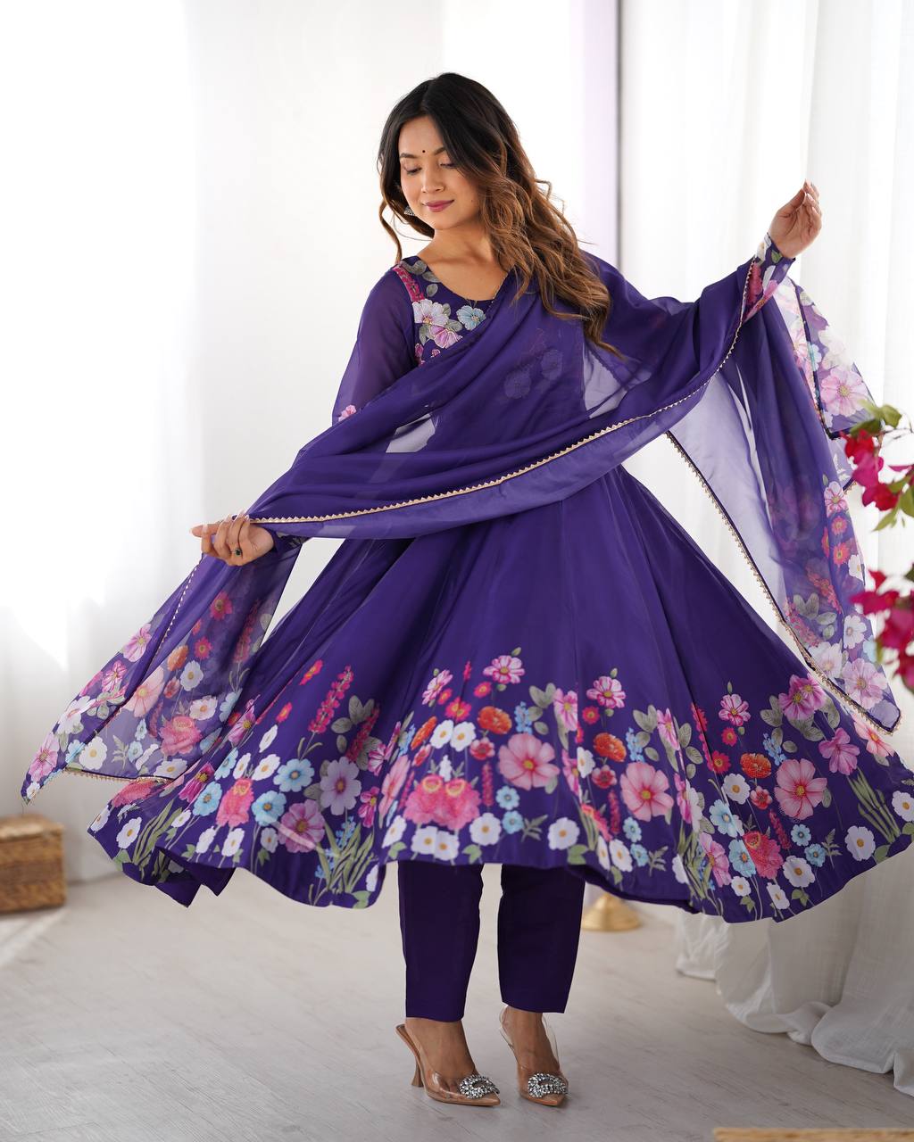 PURE SOFT ORGANJA SILK FABRIC FULLY FLAIR KALI PATTERN AND CANVAS PATTA WITH DUPPTA SET ,PENT READY TO WEAR