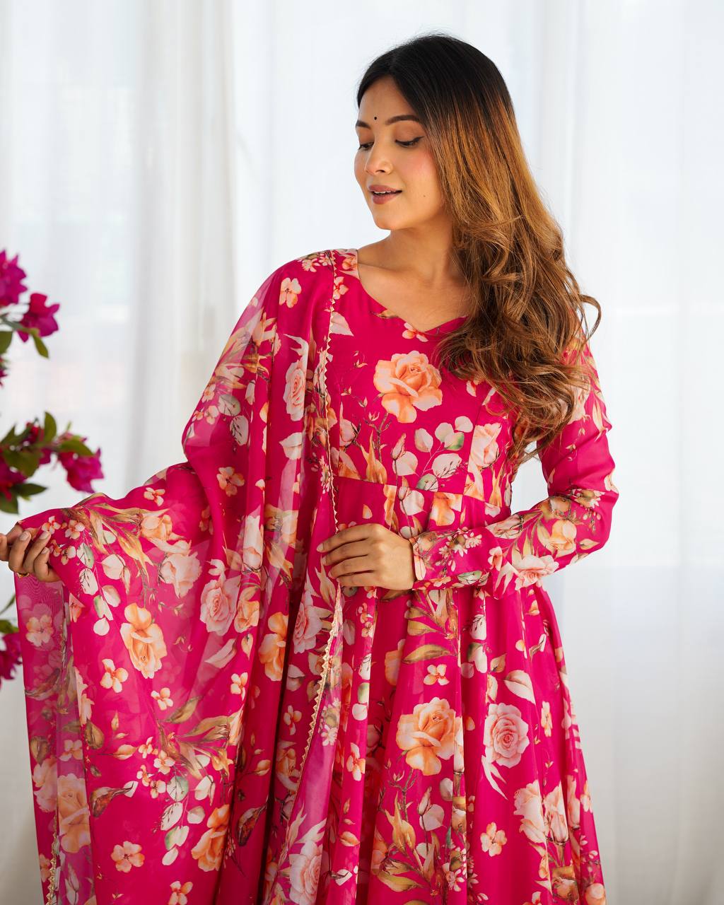 ZIBLON Women's Organza Anarkali Gown Set with Duptta