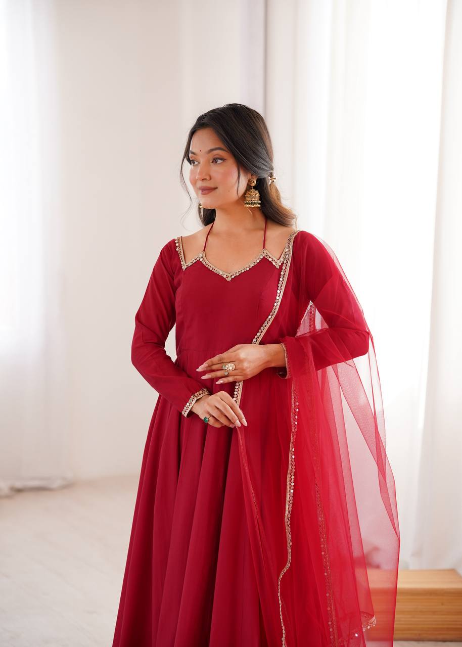 PREMIUM QUALITY HEAVY PURE ROMANSILK CHANDERI FABRIC ANARKALI GOWN