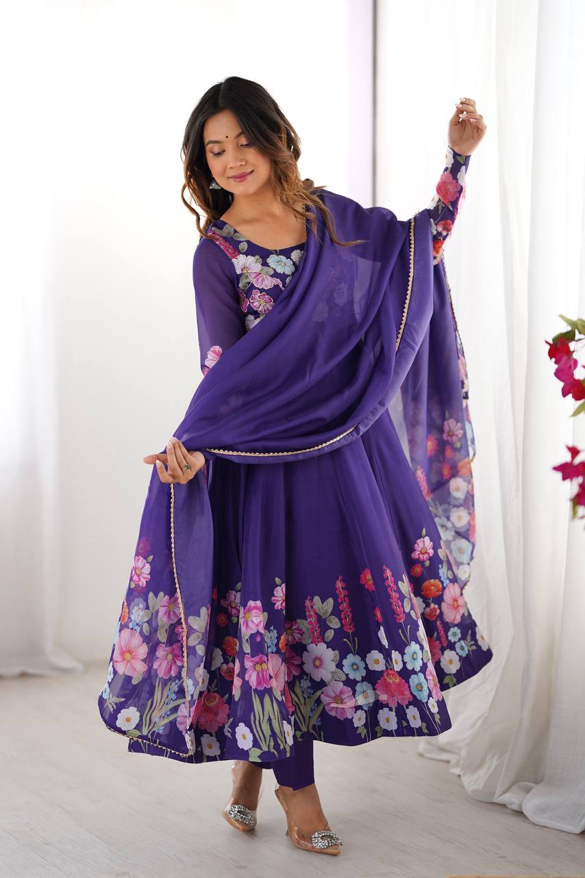 PURE SOFT ORGANJA SILK FABRIC FULLY FLAIR KALI PATTERN AND CANVAS PATTA WITH DUPPTA SET ,PENT READY TO WEAR
