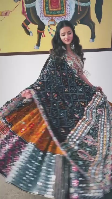 MUSTERD Multi Lehenga Choli With Mirror Work And Attached Red Dupatta