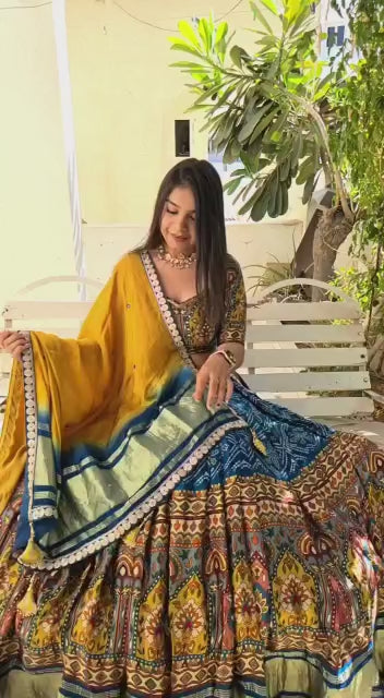 Blue Sky Lehenga Choli With Mirror Work And Attached Yellow Dupatta