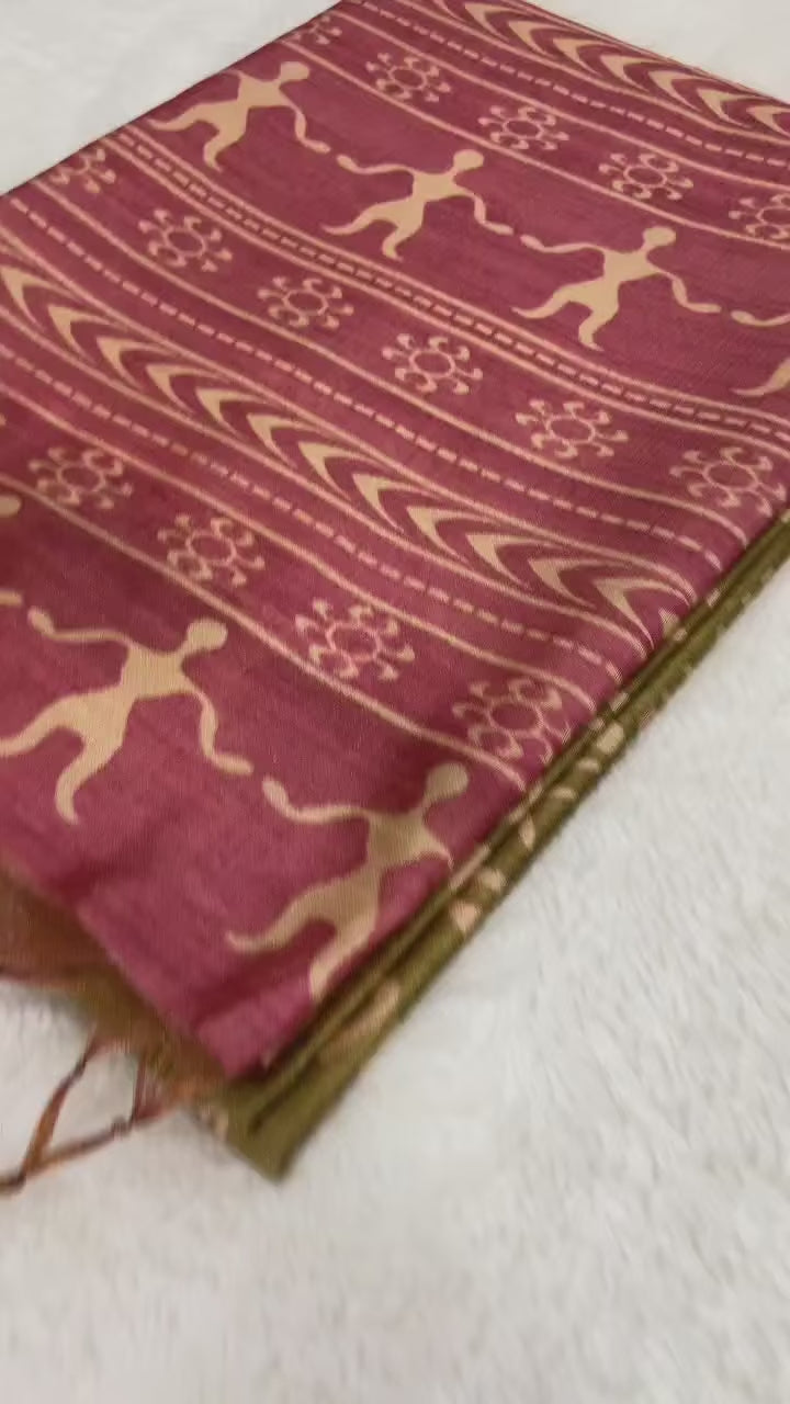 SOFT TUSSAR SILK SAREE WITH BEAUTIFUL PRINT WITH ATTRACTIVE PALLU AND CONTRAST PALLU  WITH TASSAL