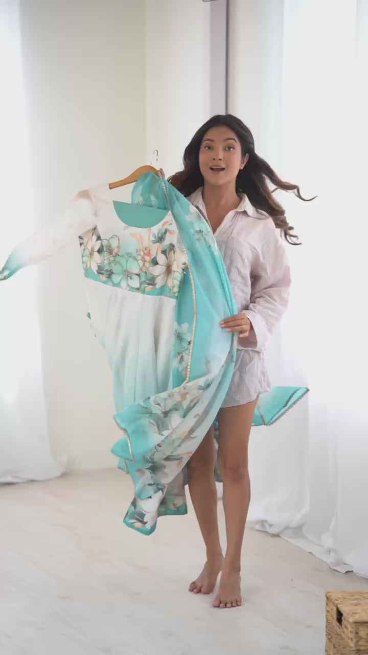 PURE SOFT ORGANJA SILK FABRIC FULLY FLAIR KALI PATTERN AND CANVAS PATTA WITH DUPPTA SET ,PENT READY TO WEAR