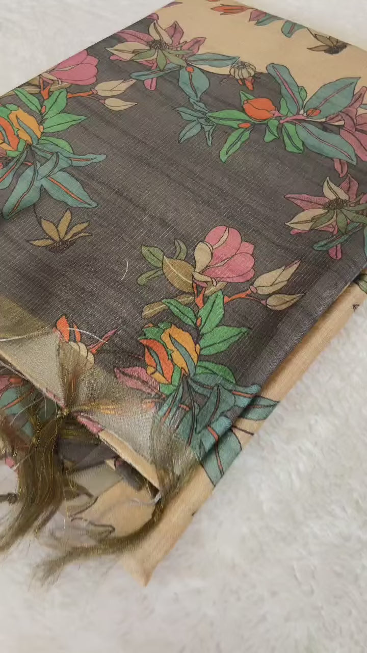 SOFT TUSSAR SILK SAREE WITH BEAUTIFUL PRINT WITH ATTRACTIVE PALLU AND CONTRAST PALLU  WITH TASSAL