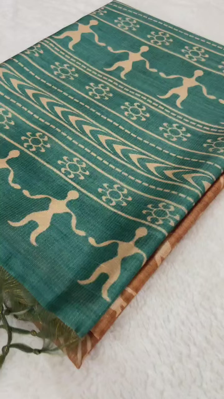SOFT TUSSAR SILK SAREE WITH BEAUTIFUL PRINT WITH ATTRACTIVE PALLU AND CONTRAST PALLU  WITH TASSAL