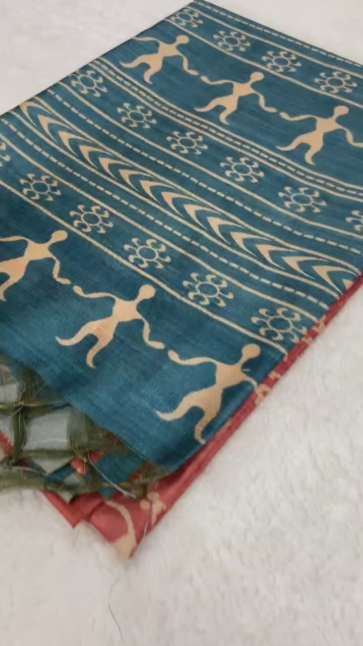 SOFT TUSSAR SILK SAREE WITH BEAUTIFUL PRINT WITH ATTRACTIVE PALLU AND CONTRAST PALLU  WITH TASSAL