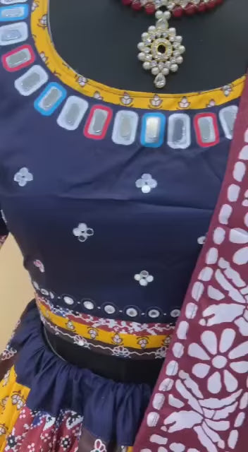 Multi Navy Blue Lehenga Choli With Mirror Work And Attached Maroon Dupatta