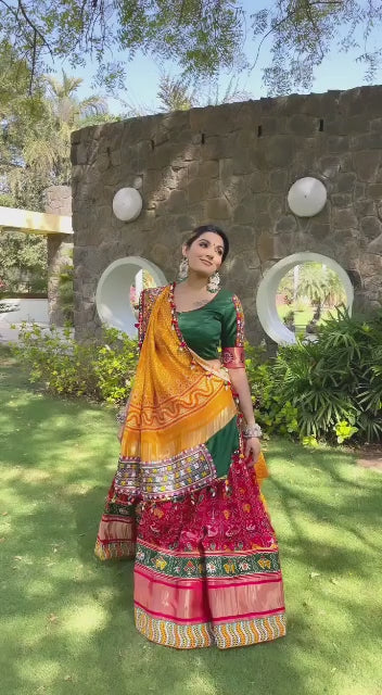 Red Green Lehenga Choli With Mirror Work And Attached Yellow Dupatta