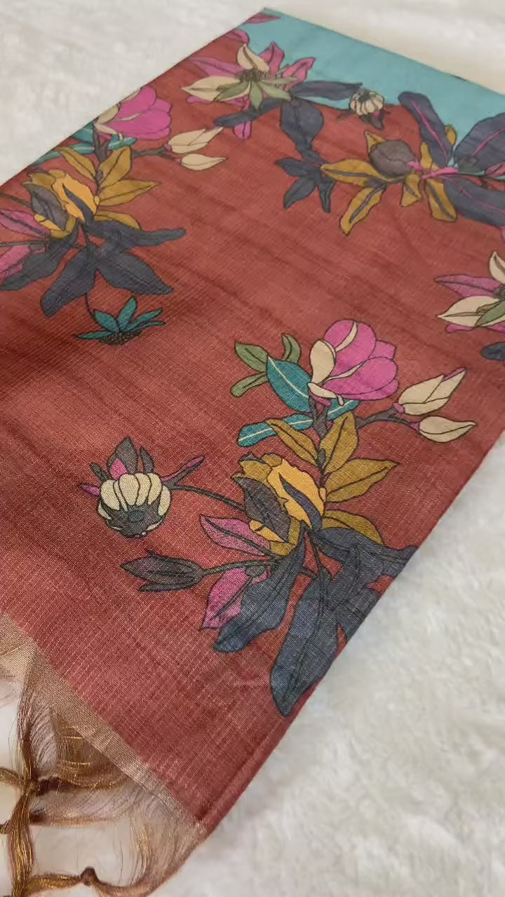 SOFT TUSSAR SILK SAREE WITH BEAUTIFUL PRINT WITH ATTRACTIVE PALLU AND CONTRAST PALLU  WITH TASSAL