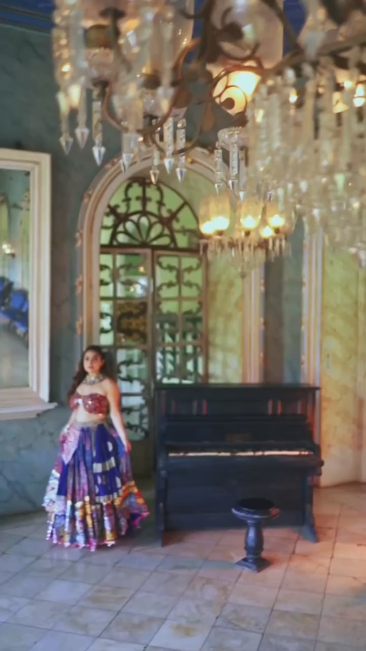 BLUE ORANGE  Lehenga Choli With Mirror Work And Attached Blue Dupatta