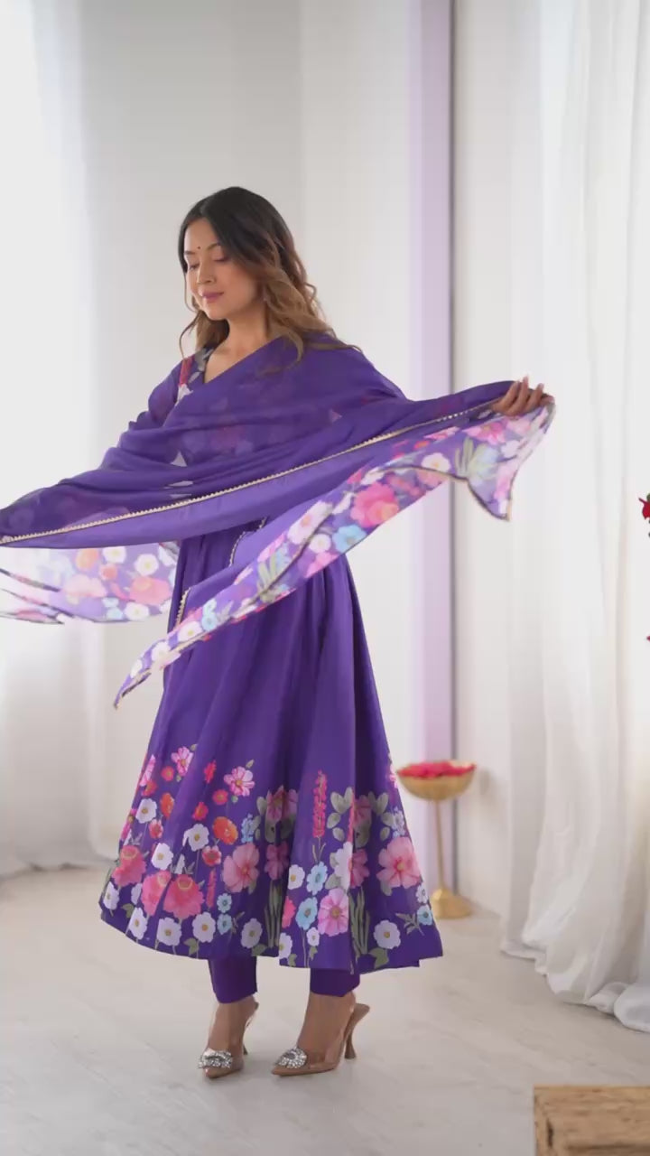 PURE SOFT ORGANJA SILK FABRIC FULLY FLAIR KALI PATTERN AND CANVAS PATTA WITH DUPPTA SET ,PENT READY TO WEAR