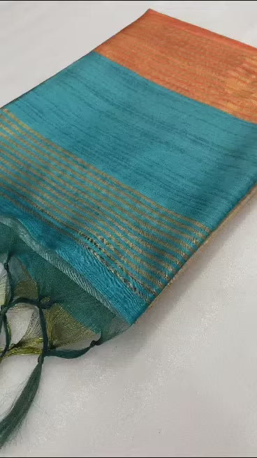 SOFT TUSSAR SILK SAREE WITH BEAUTIFUL PRINT WITH ATTRACTIVE PALLU AND CONTRAST PALLU  WITH TASSAL