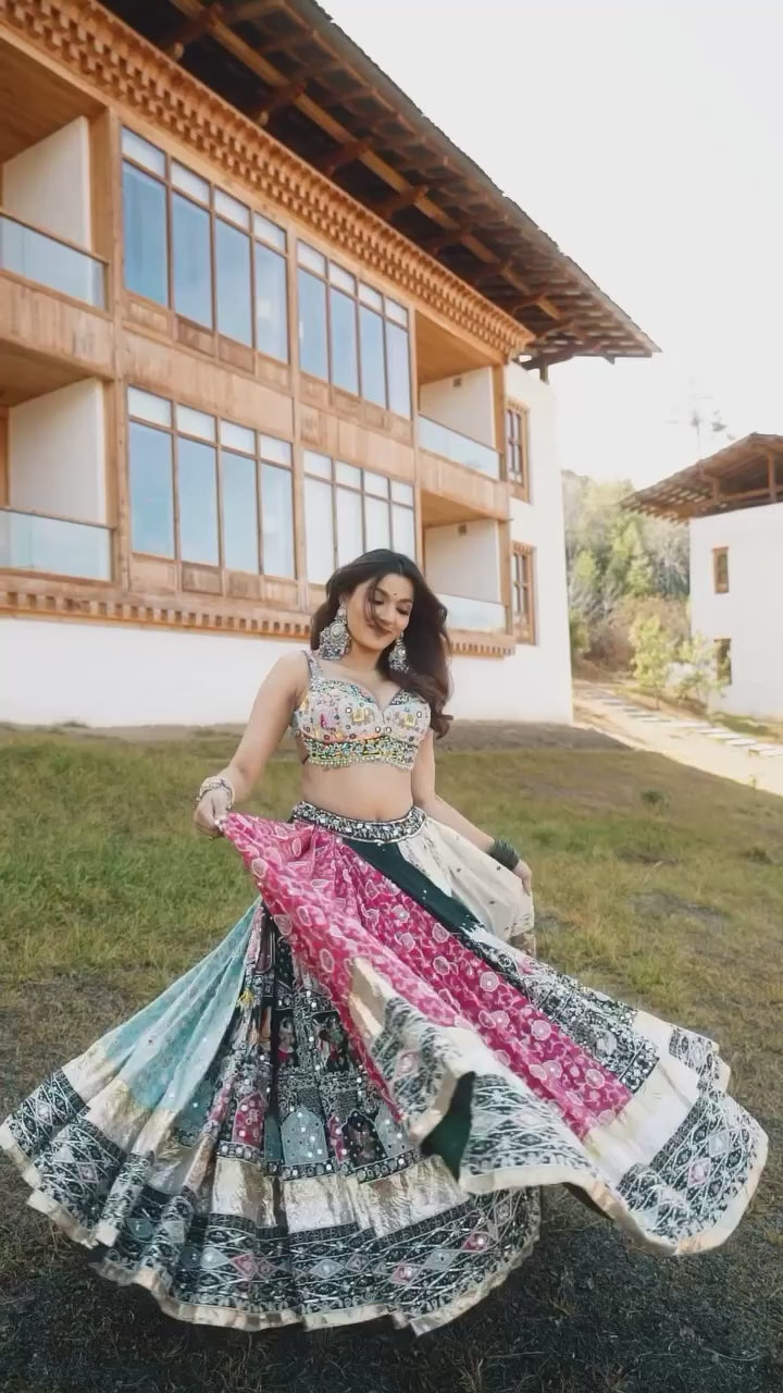 BLUE PINK Lehenga Choli With Mirror Work And Attached Blue Dupatta