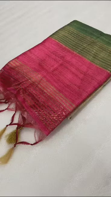 SOFT TUSSAR SILK SAREE WITH BEAUTIFUL PRINT WITH ATTRACTIVE PALLU AND CONTRAST PALLU  WITH TASSAL