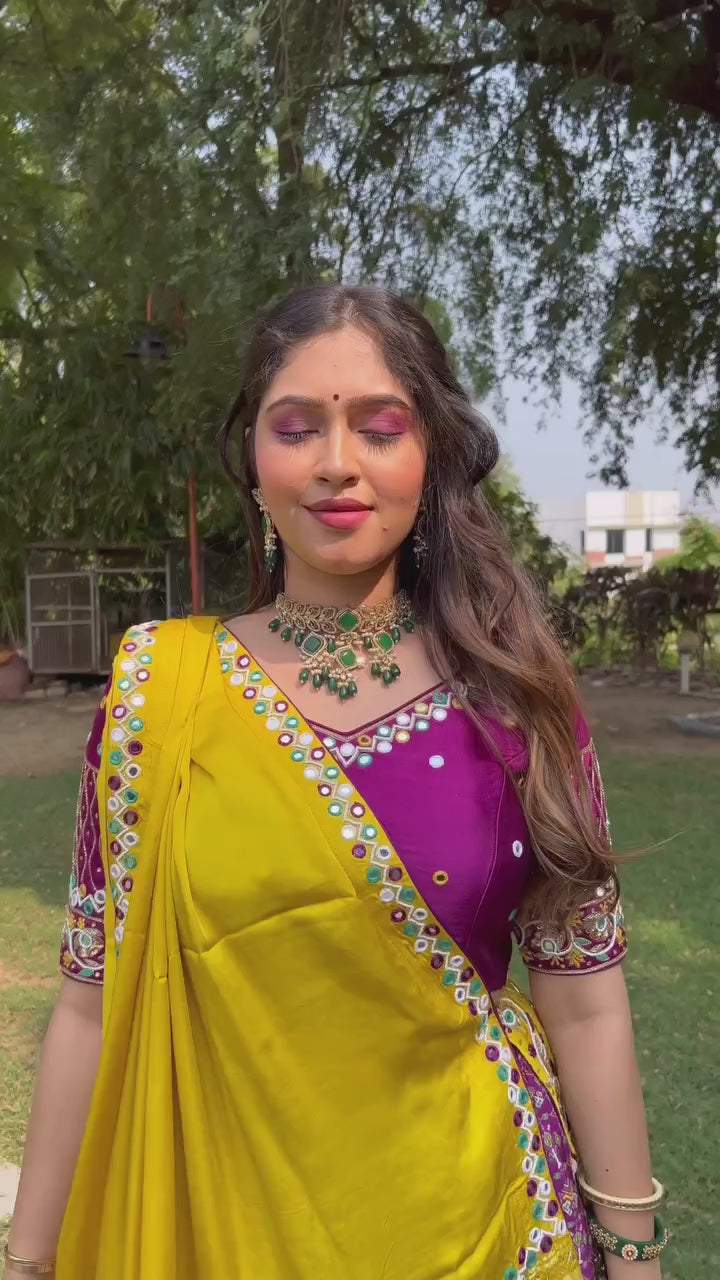Purple Lehenga Choli With Mirror Work And Attached Yellow Dupatta