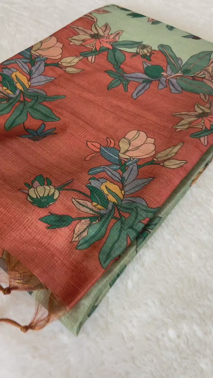 SOFT TUSSAR SILK SAREE WITH BEAUTIFUL PRINT WITH ATTRACTIVE PALLU AND CONTRAST PALLU  WITH TASSAL